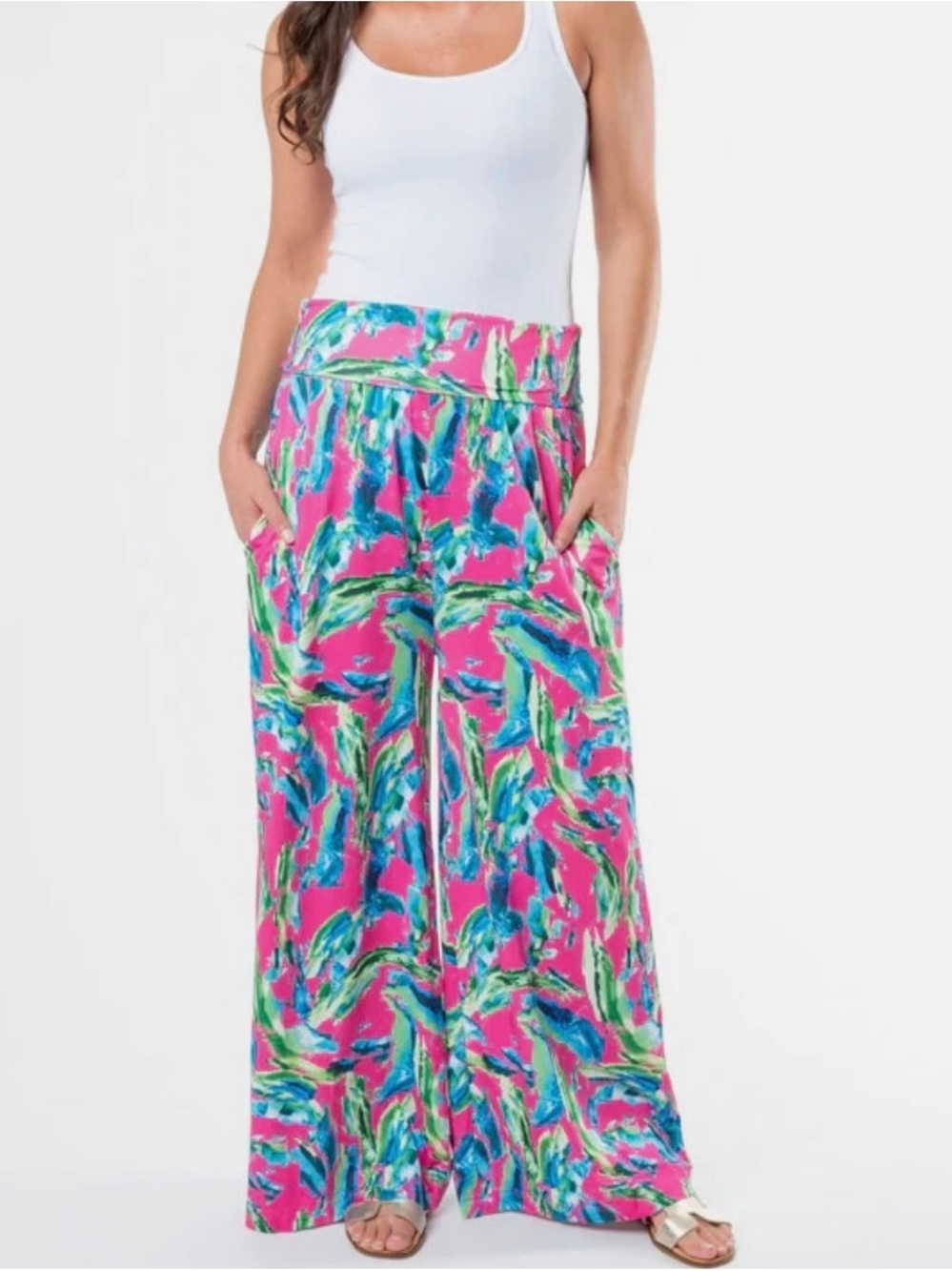 Pink Printed Wide-Leg Palazzo Pants with Foldover Waistband